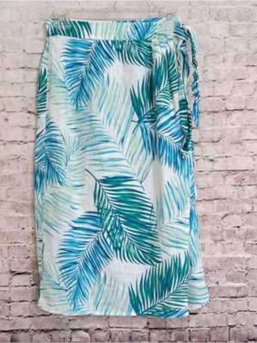 Tahari Teal Palm Leaf Faux Wrap Tie side Skirt 100% Linen. XL